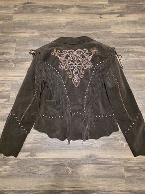 Cripple Creak Women's Brown Leather Fringe Jacket with Embellished Back Size L